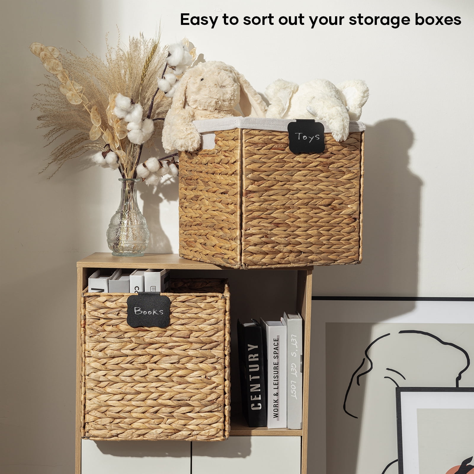 Wicker Storage Basket 12x12, Foldable Water Hyacinth Storage Baskets, Wicker Storage Cubes with Liners, Natural Seagrass Laundry Bin, Letter Boards and Chalk Marker Included, Set of 2