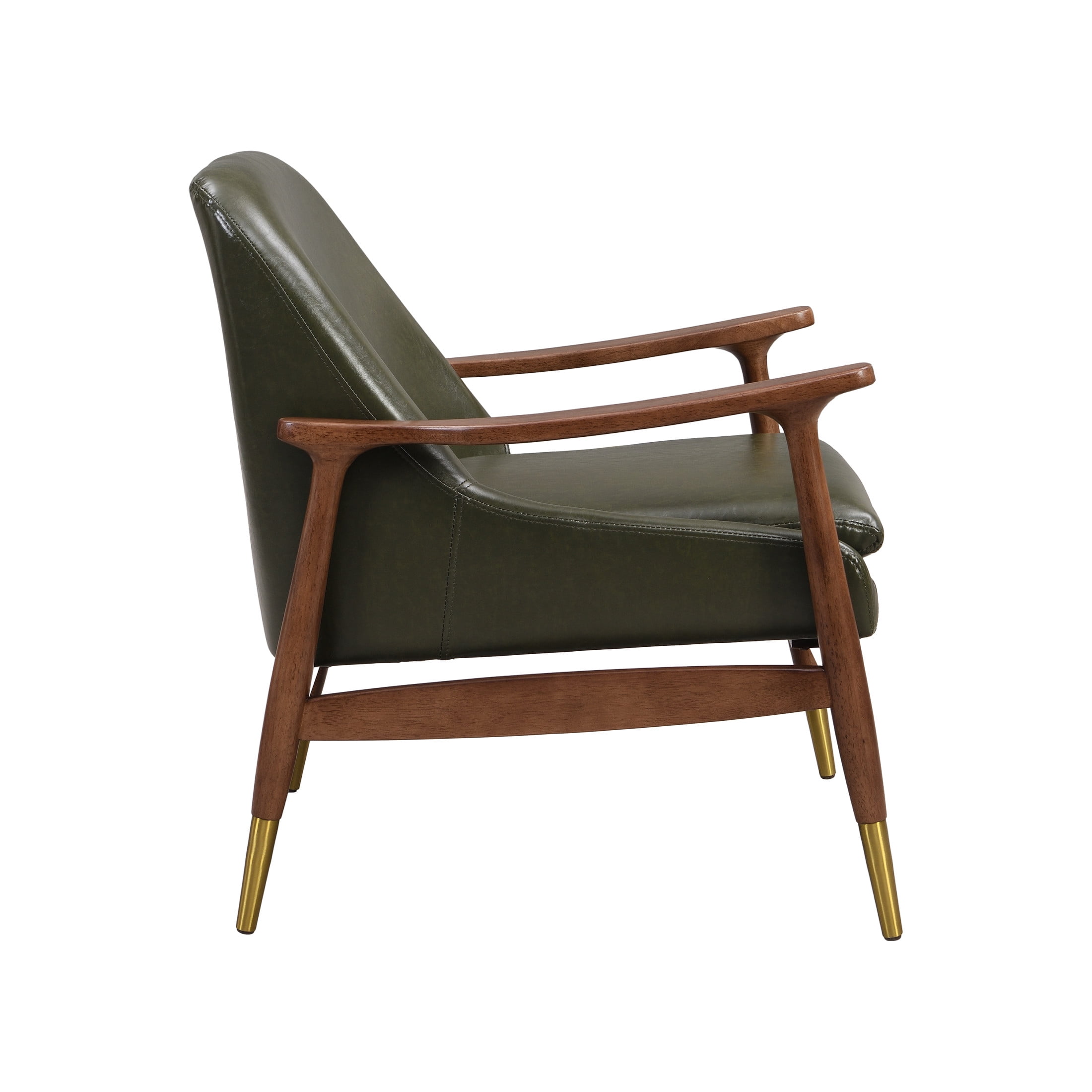Astrid Mid-Century Modern Accent Chair With Faux Leather Upholstery, Solid Wood Frame, Brass-Tipped Legs, Wasabi Green