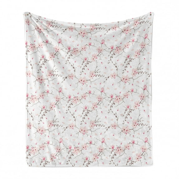 Floral Soft Flannel Fleece Throw Blanket, Magnolia Flowers on Branches and Falling Pinkish Flower Petals Pattern, Cozy Plush for Indoor and Outdoor Use, 70" x 90", Pale Pink Mauve Taupe, by Ambesonne