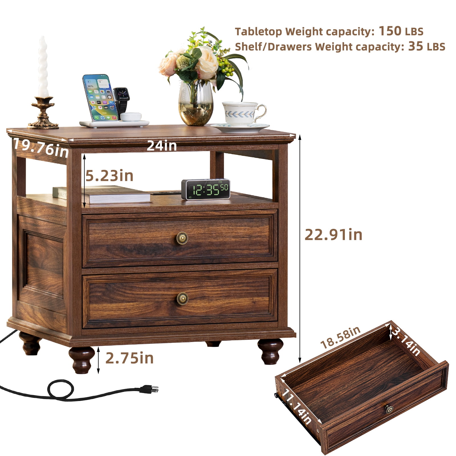 End Table with 2 Drawers for Living Room, Nightstand with Charging Station, Bedside Table with Shelf for Bedroom, Brown