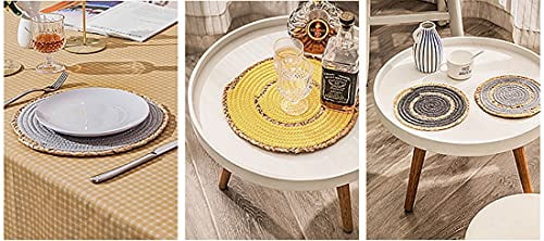 Fennco Styles Hand-Woven Rattan Cotton Rope Placemats 7-Inch Round, Set of 4 - Grey Braided Table Mats Heat Resistant Insulation for Home, Boho Décor, Dining Table, Banquets, Special Events