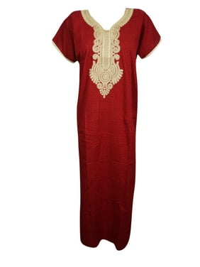 Mogul Womens Maxi Caftan Dress Neck Embroidered Cotton Short Sleeves Summer Comfy Evening Kaftan Nightgown L