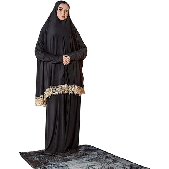 Women's Prayer Dress 2 Pieces Lycra Solid Color Plus Long Sleeve One-Size Hijab Abaya Suit Black