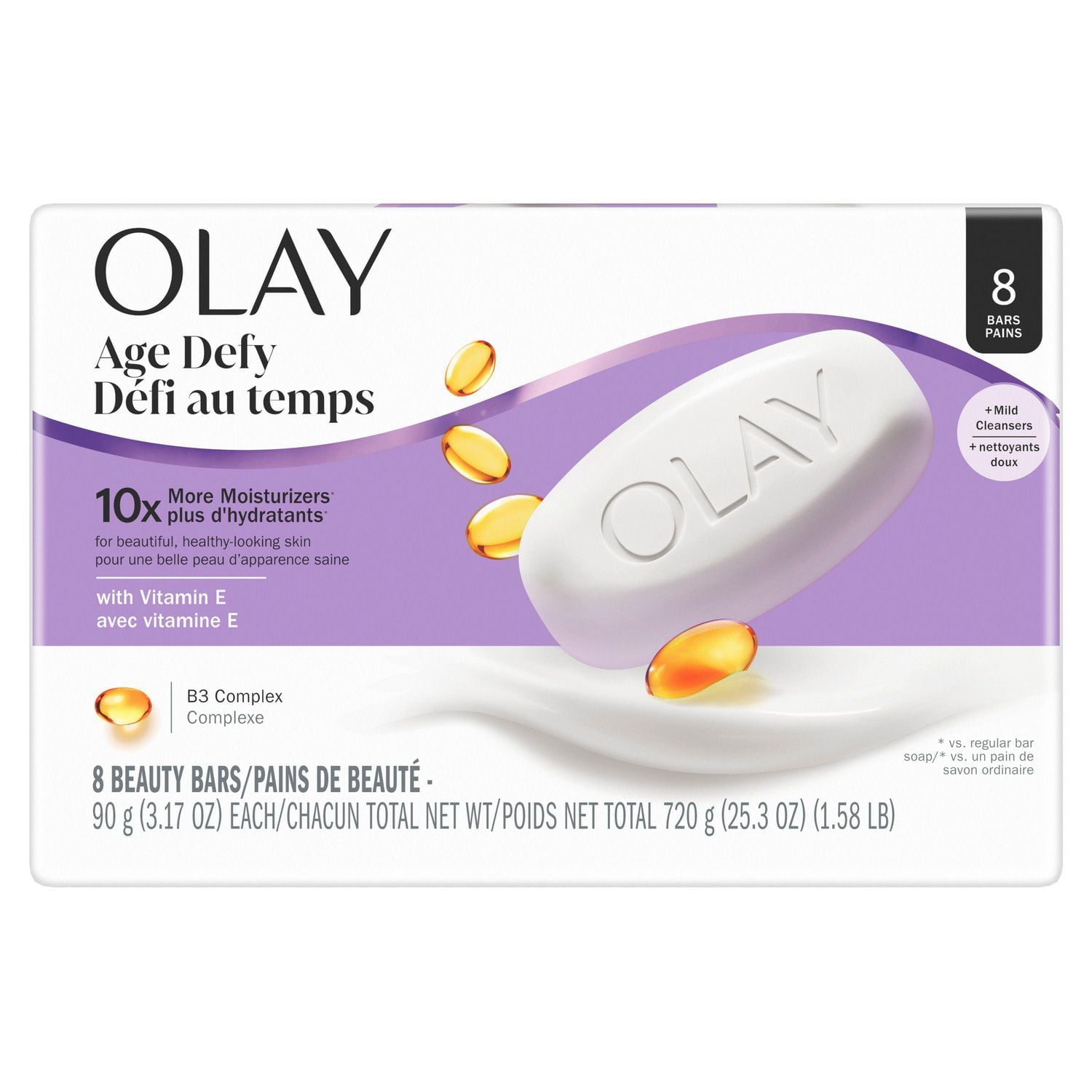 Pain de savon Olay Défi au temps avec complexe de vitamine B3 et de vitamine E, pains de beauté de 720G