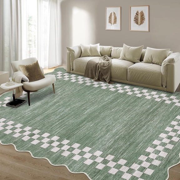 6x9 Washable Checkerboard Border Area Rug, Modern Scalloped Low Pile Non Slip Carpet, Stain Resistant Foldable Indoor Rug for Living Room Bedroom Dining Room Entryway,Bean Green