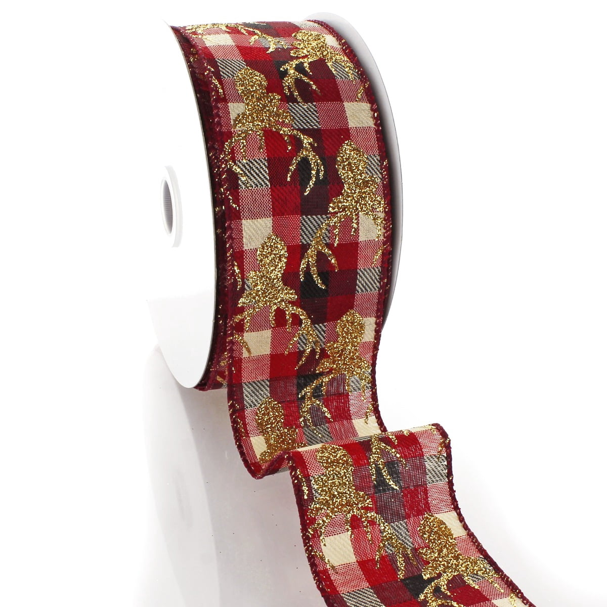 Ribbon Traditions Gold Glitter Deer Red/Black Buffalo Plaid Wired Ribbon 2 1/2" by 25 Yards