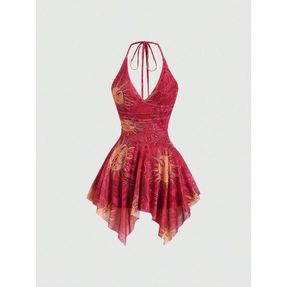 Red Vintage Y2K Halter Neck Sleeveless Peplum Mini Dress With Sun Face Print