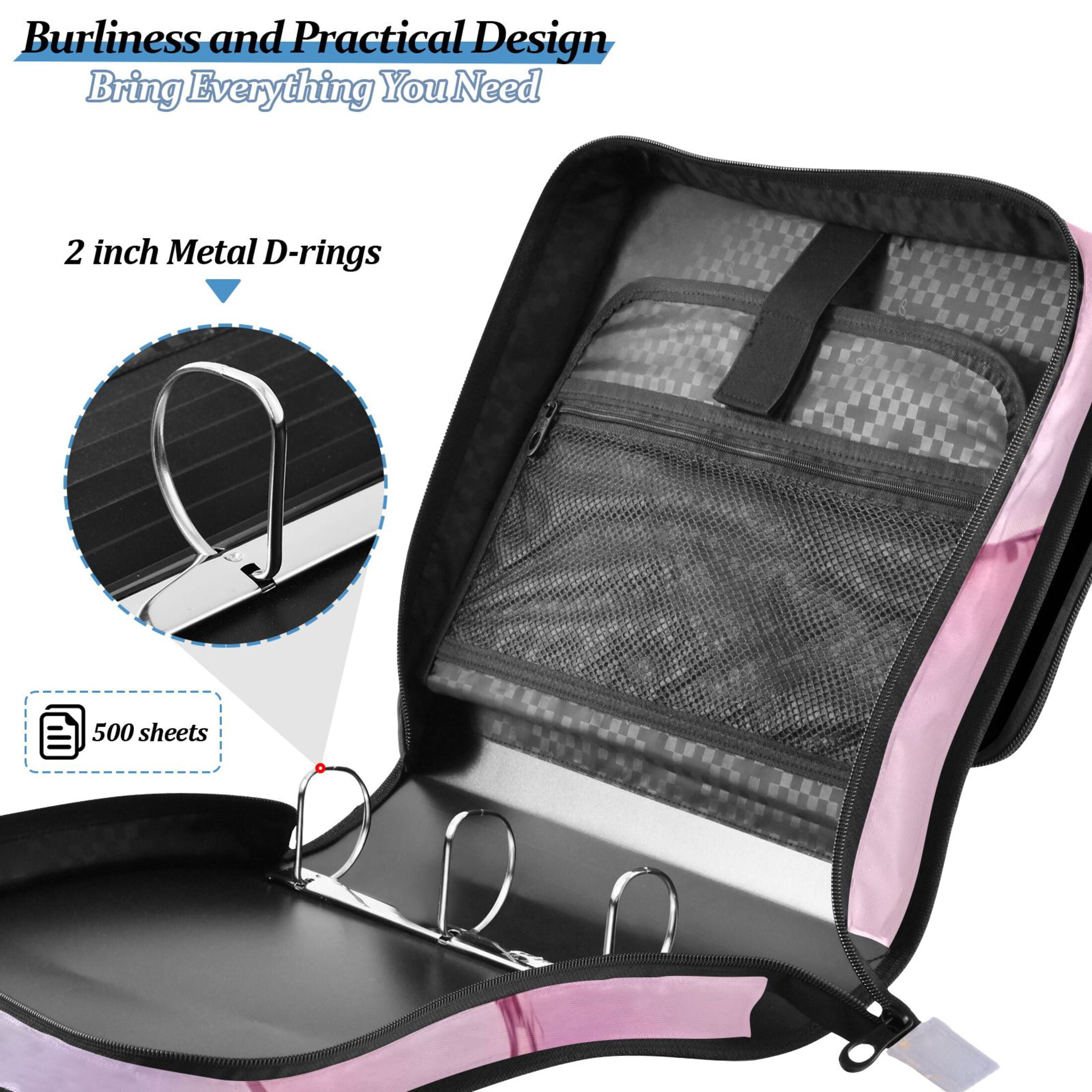 3 Ring Zipper Binder with Shoulder Strap Waterproof Trapper Keeper 2 Inch D-Ring 500 Sheets Capacity Dreamy Marble