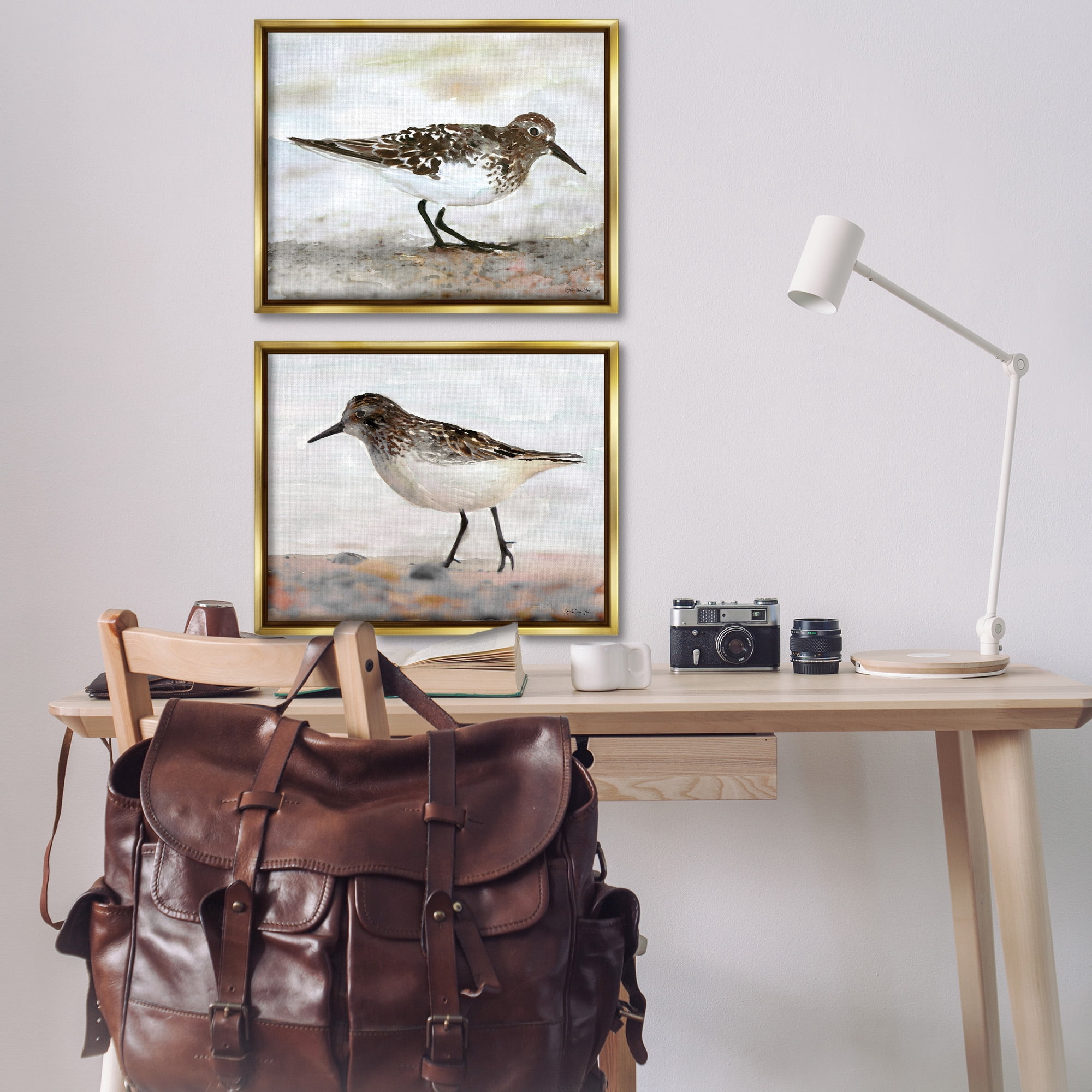 Stupell Industries Sandpipers on Coast Nautical Beach Animals & Insects Painting Gold Floater Framed Canvas Art Print Wall Art, 31 x 25, Set of 2