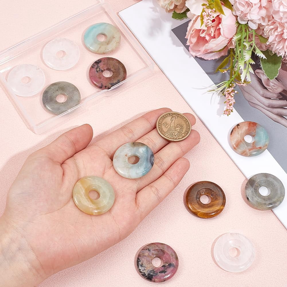 12Pcs 12 Styles Natural Donut Gemstone Charms 29mm Natural Jade Donut Beads Assorted Colors Round Gemstone Pendant for DIY handcrafting