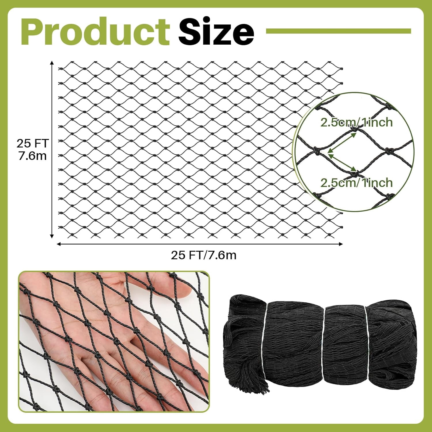 25x25ft Heavy Duty Knotted Chicken Netting, 2 Inch Mesh Aviary Bird Netting for Poultry & Garden