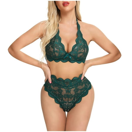 

Bra And Panty Sets For Women Lingerie for Women Ruffle 2 Piece Lace Lingerie Set Underwire Ribbed Bra and Panty Sets(XXL Green)