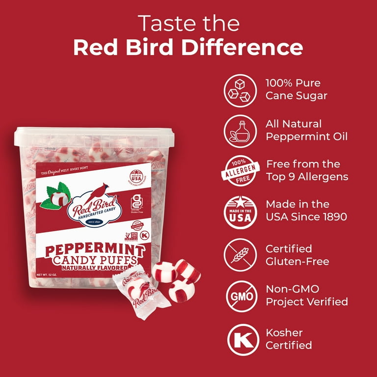 Red Bird Individually Wrapped Peppermint Candy Puffs, 52 oz Tub
