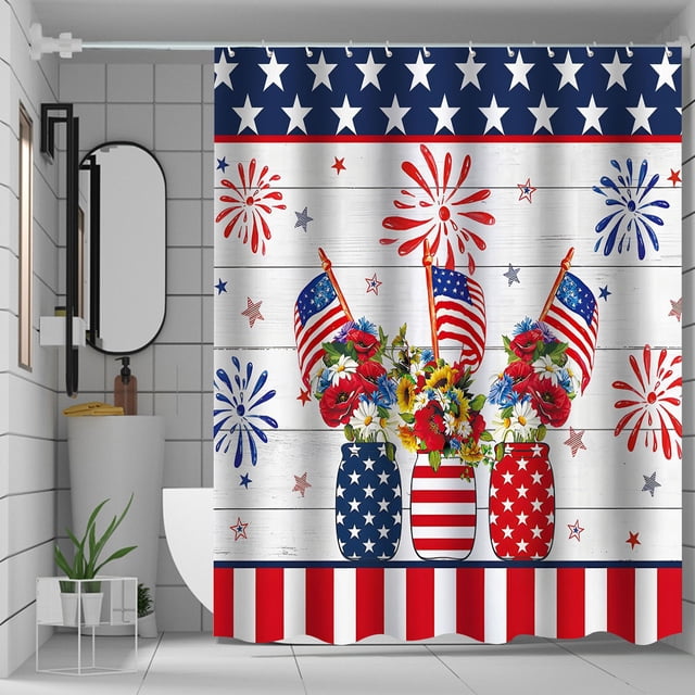 Cortina de ducha con diseño del Día de la Independencia, tela divisoria decorativa para baño, impresión digital, impermeable, con ganchos, sin perforaciones, de nailon y elastano.
