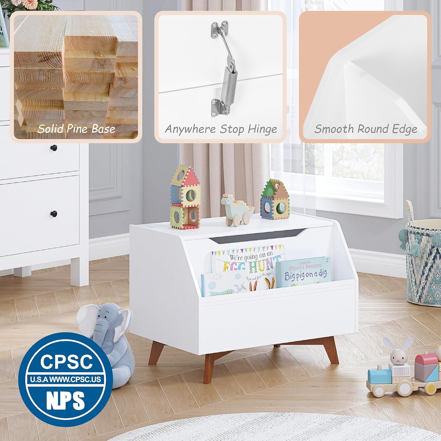 Kids Toy Box with Bookshelf Storage Organizer  for Boys and Girls, White Wooden Toy Chest with Safety Lid and Front Book Rack for Playroom Bedroom