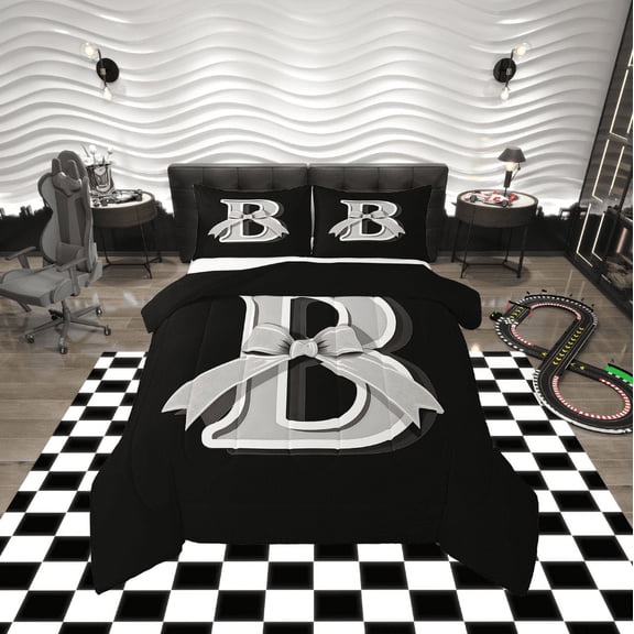 Erosebridal Monogrammed B Bedding Sets Twin with Comforter, Initial Letter Duvet Insert, Gray Bow Reversible Down Comforter, Super Cozy Bedroom Decor, 2 Pieces