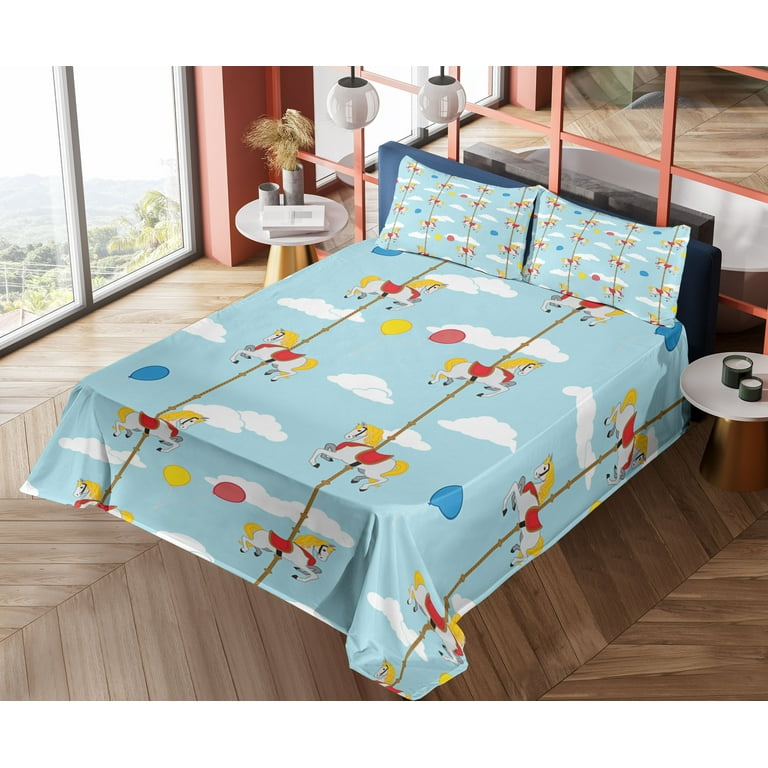 Funny Emoji Sheet Set Vintage Carousel Design Cartoon Horses and Balloons on Sky Clouds Art Fitted Flat Sheet with Pillowcase Bedding Accent 3 Pcs