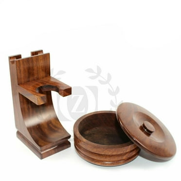 DELUXE WOOD SHAVING STAND FOR SAFETY RAZOR, STRAIGHT RAZOR & SHAVING BOWL