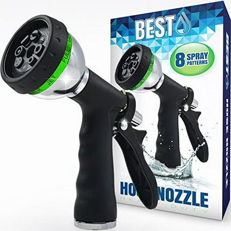Best Garden Hose Nozzle (HIGH PRESSURE TECHNOLOGY) - 8 Way Spray Pattern - Jet Mist Shower Flat Full Center Cone and Angel Water Sprayer Settings - Rear Trigger Design - Steel Chrome