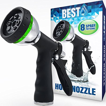 Best Garden Hose Nozzle (HIGH PRESSURE TECHNOLOGY) - 8 Way Spray Pattern - Jet Mist Shower Flat Full Center Cone and Angel Water Sprayer Settings - Rear Trigger Design - Steel Chrome (Best Way To Thicken Lawn)