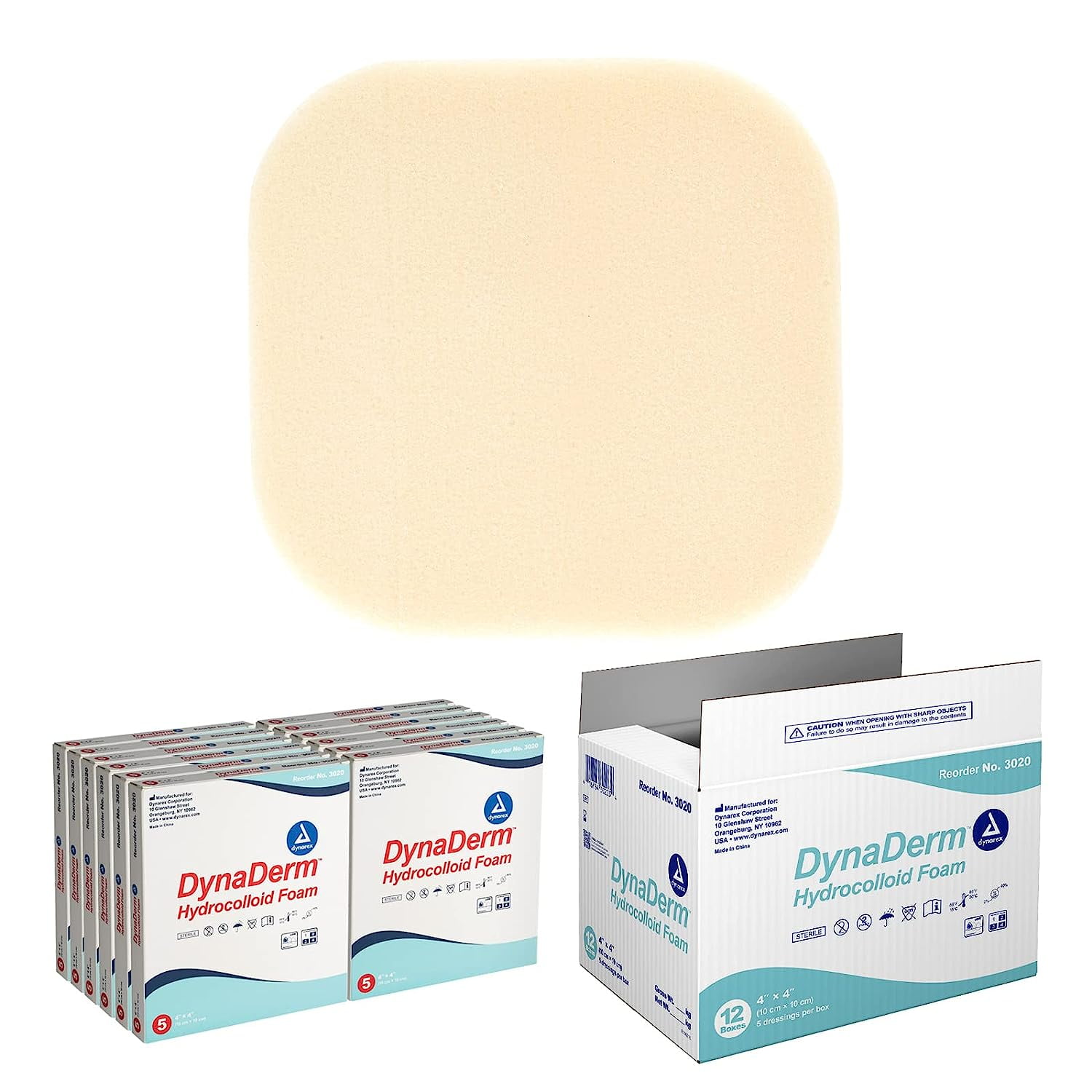 Dynarex DynaDerm Hydrocolloid Dressings, Sterile Moist Bandages Used for All Kinds of Wounds, 4" x 4", Foam & Latex-Free, Peel-Down Patches - 1 Case, 12 Boxes of 5 Dressings
