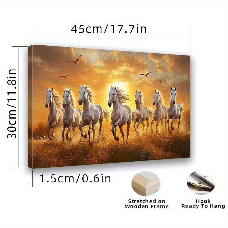 2D Flat, -1pc of Running Seven Lucky White Horses Canvas Wall Art - Wall Painting for Bathroom, Bedroom, Office, Living Room Decoration, Home Decor, Framed