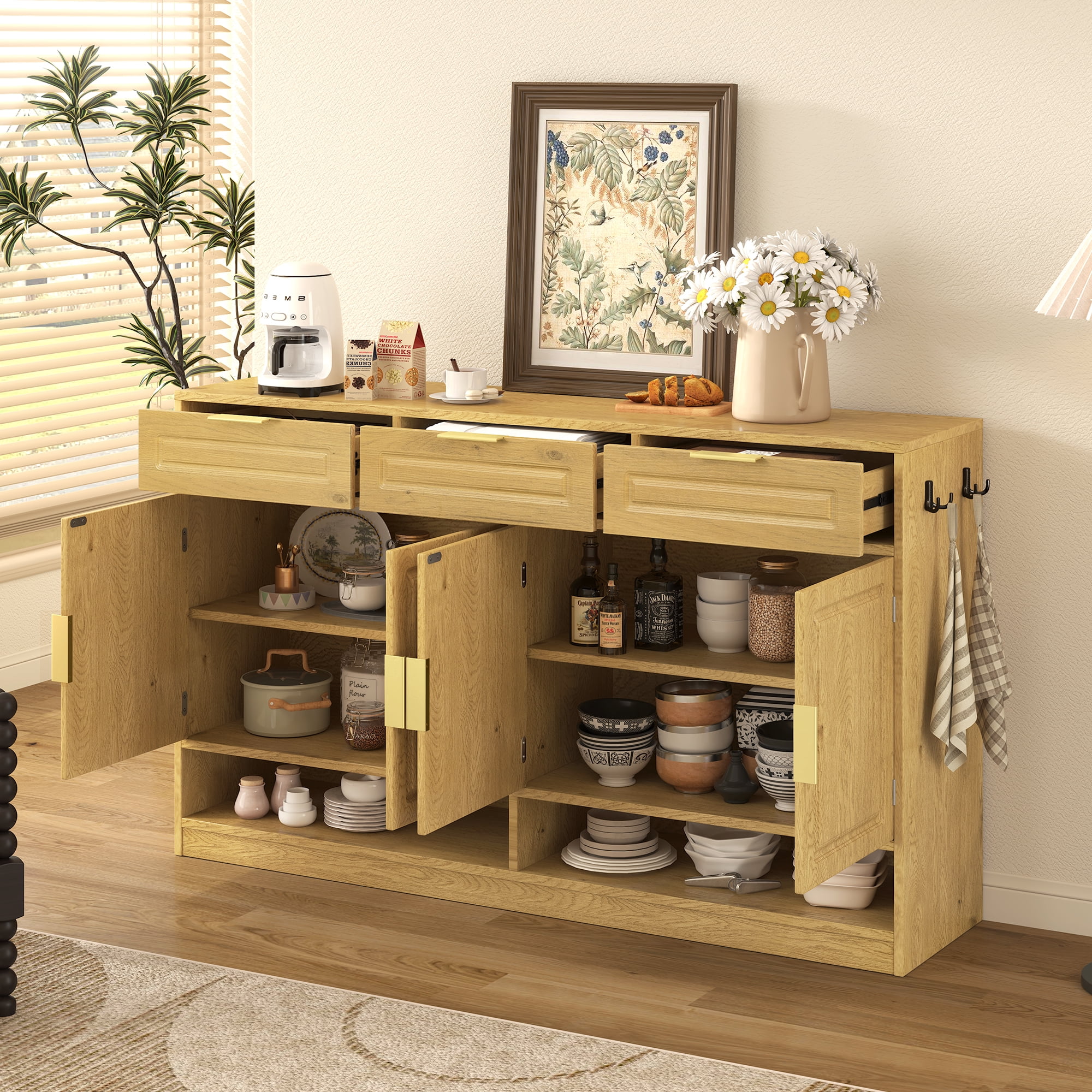 Euroco 59" Large Sideboard Buffet Cabinet with Storage, Farmhouse Multi-Functional Kitchen Storage Cabinet with 3 Drawers,Adjustable Shelf & Side Hook for Kitchen,Living Room,Natural
