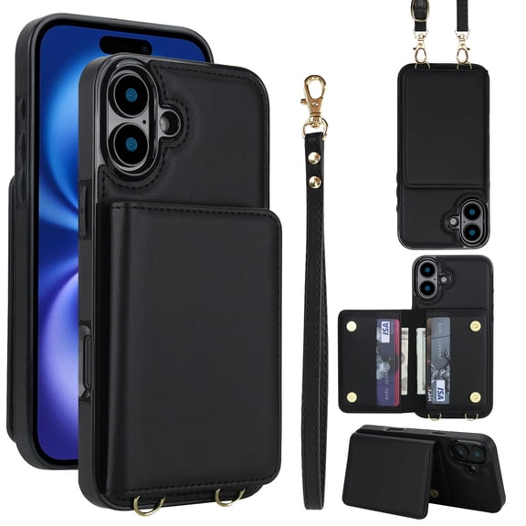 Allytechgroup Wallet Case for iPhone 16, Built-in Card Holder & Shoulder Strap & Wrist Strap Slim Shockproof Protective Full Body Cover Bumper for iPhone 16, Black