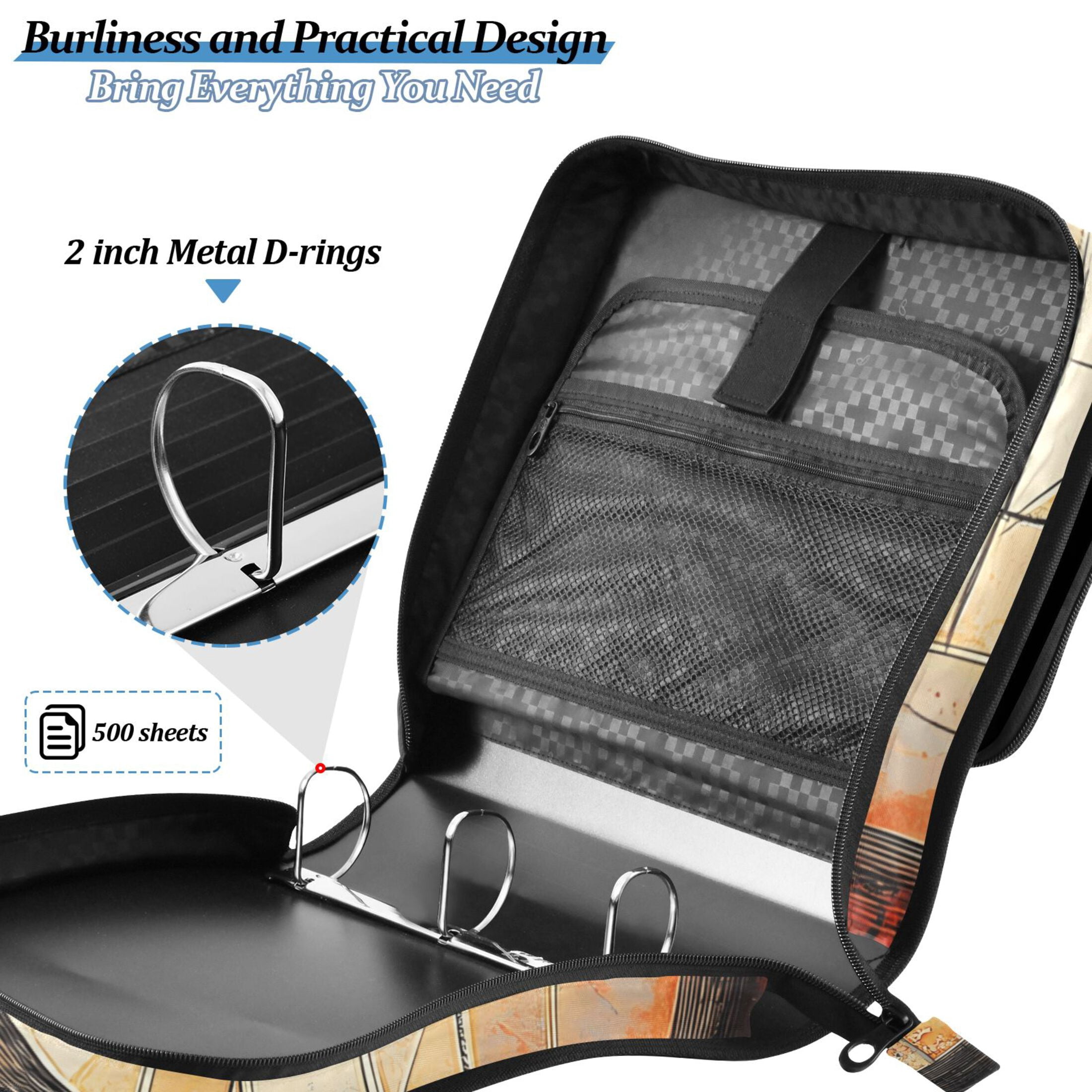 3 Ring Zipper Binder with Shoulder Strap Waterproof Trapper Keeper 2 Inch D-Ring 500 Sheets Capacity Elegant Black Cat