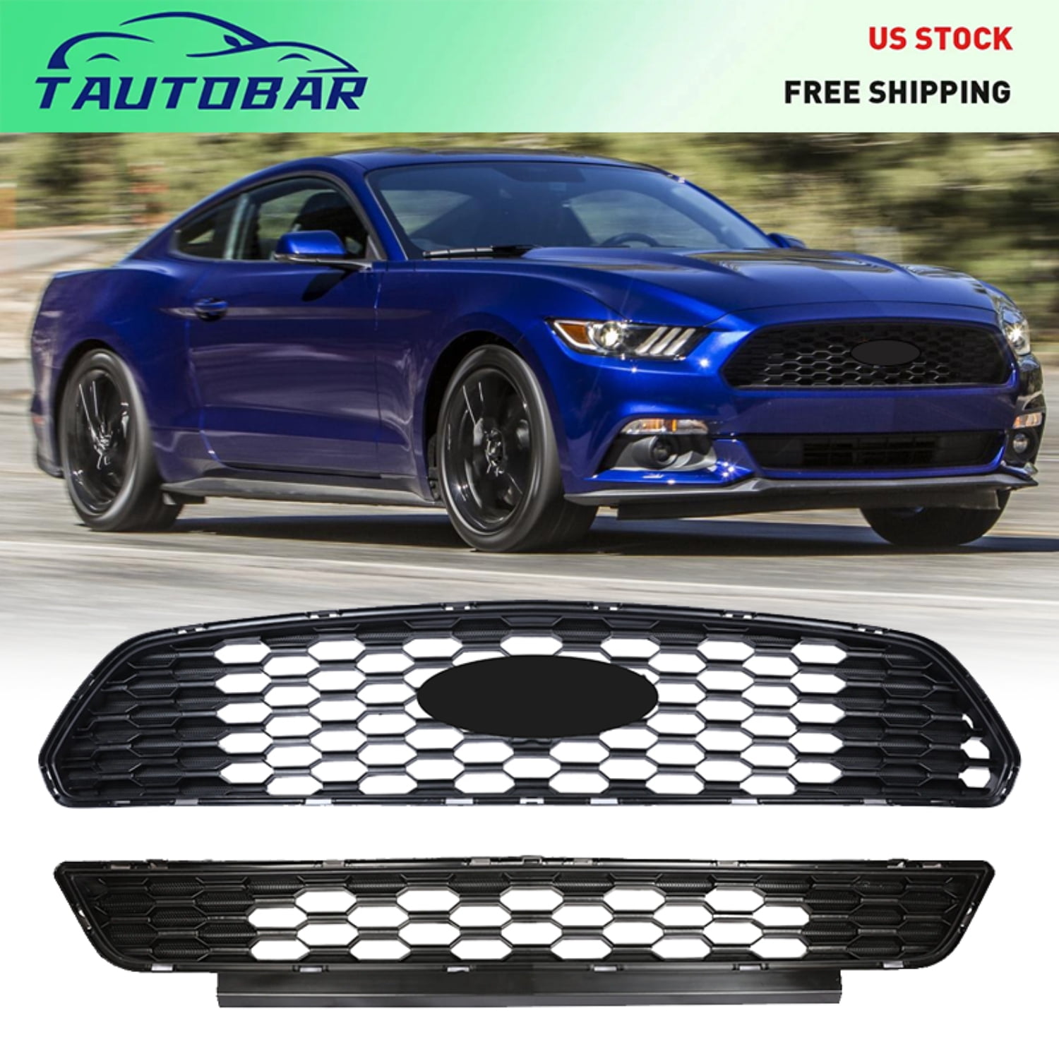 HOUGEET Front Bumper Grille Grill Replacement kit Black Fit for 2015-2017 Ford Mustang