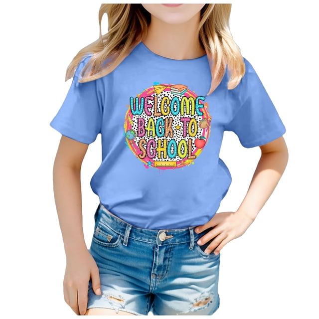 EHQJNJ T-Shirt Blanc pour Enfants pour la Saison de la Rentrée Scolaire Imprimé Graphique Col Rond Manches Courtes Tee Été Décontracté T-Shirt Mignon Chandails en Molleton pour Filles Préadolescentes