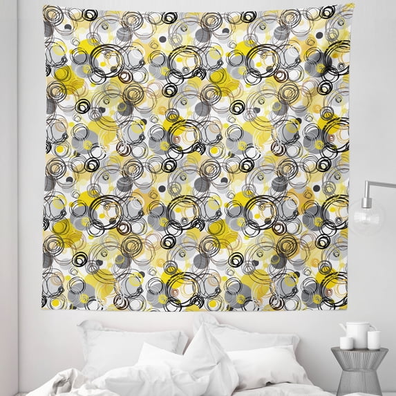 Geometric Tapestry, Hand Drawn Sketchy Geometrical Retro Modern Circles Image Illustration, Fabric Wall Hanging Decor for Bedroom Living Room Dorm, 5 Sizes, White Beige, by Ambesonne
