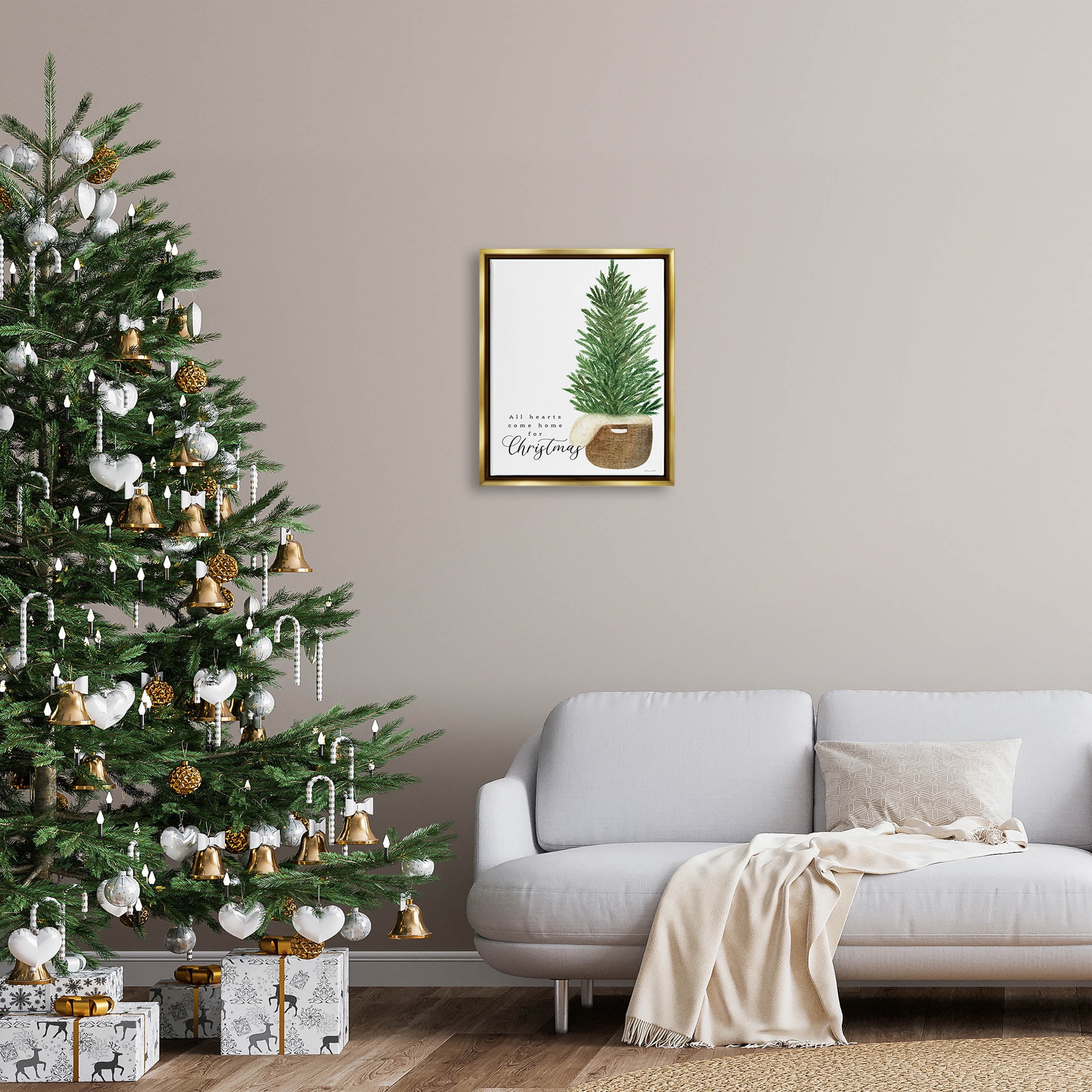 All Hearts Home For Christmas Phrase Holiday Graphic Art Metallic Gold Framed Art Print Wall Art
