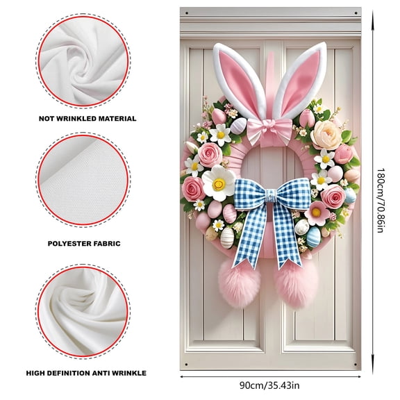 Tyidzon Easter Door Cover, Bunny Garland Door Curtain with Colorful Eggs and Flowers, Full Size Hanging Decor for Indoor Outdoor Easter Party Supplies, 35x72"