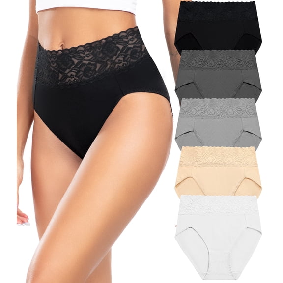 Wealurre Women's High Waisted Lace Underwear Bikini - Cotton Soft Stretch Hipster Panties for Ladies 5 Pack S-2XL
