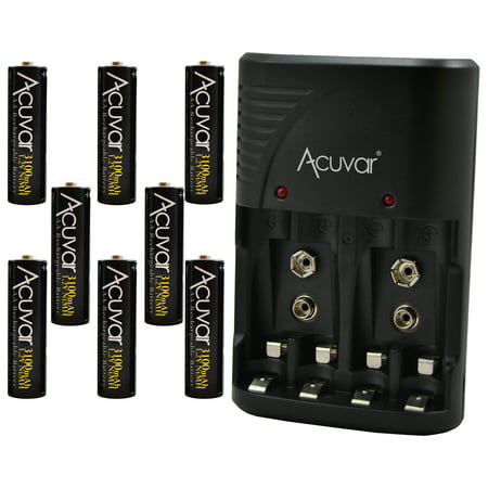8 Acuvar AA Rechargeable Batteries + Acuvar 3 in 1 Battery Charger for Double AA, Triple AAA and 9V