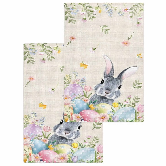 Easter Kitchen Dish Towels for Drying Dishes Set of 2, Country Rabbit Eggs Botanical Flowers Leaves Waffle Weave Microfiber Hand Tea Bathroom Towels Quick Dry & Absorbent Towel 15.7x23.6