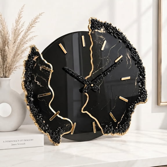 Celvora Handmade Black and Gold Resin Wall Clock, Crystal Wall Decor Accent for Living Room, Bedroom, Office and Home Decor