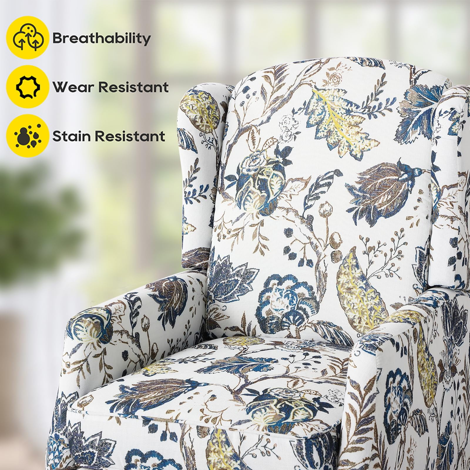Upholstered Wingback Recliner Chair - Traditional Push Back Recliner - Fabric Floral Recliner Chair