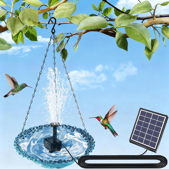 HoliHive Solar Hanging Bird Bath Fountain - 5 Spray Heads, 9.4" Blue Bowl with Metal Chain, Solar Powered Bubbler for Outdoor Deck, Patio, Yard, Lawn, Attracts Hummingbirds