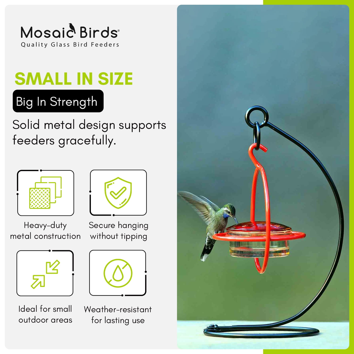 Mosaic Birds Metal Hummingbird Feeders Stand for Outdoors - Traditional Bird Feeder Holder for Garden - Black