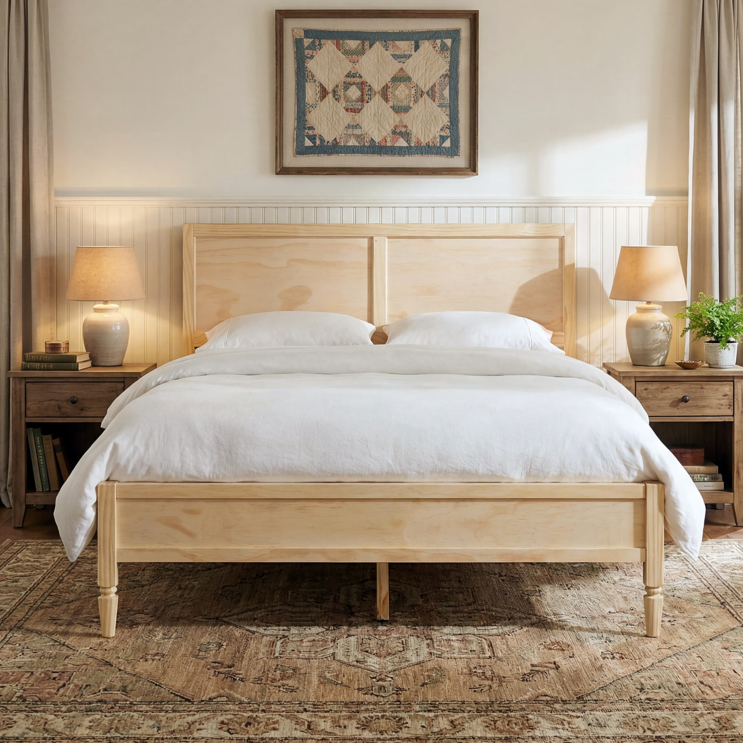 Euroco Wood Queen Size Platform Bed with Panel Headboard, No Box Spring Needed, Natural