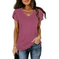 thumbnail image 2 of Women's Petal Short Sleeve Tops Cross V Neck Trendy Summer Tshirts Solid Color Comfy Casual Tunic Top Loose Fit (S, Wine), 2 of 6