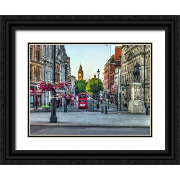 Frank, Assaf 18x14 Black Ornate Wood Framed with Double Matting Museum Art Print Titled - Streets of London city with double decker bus, UK