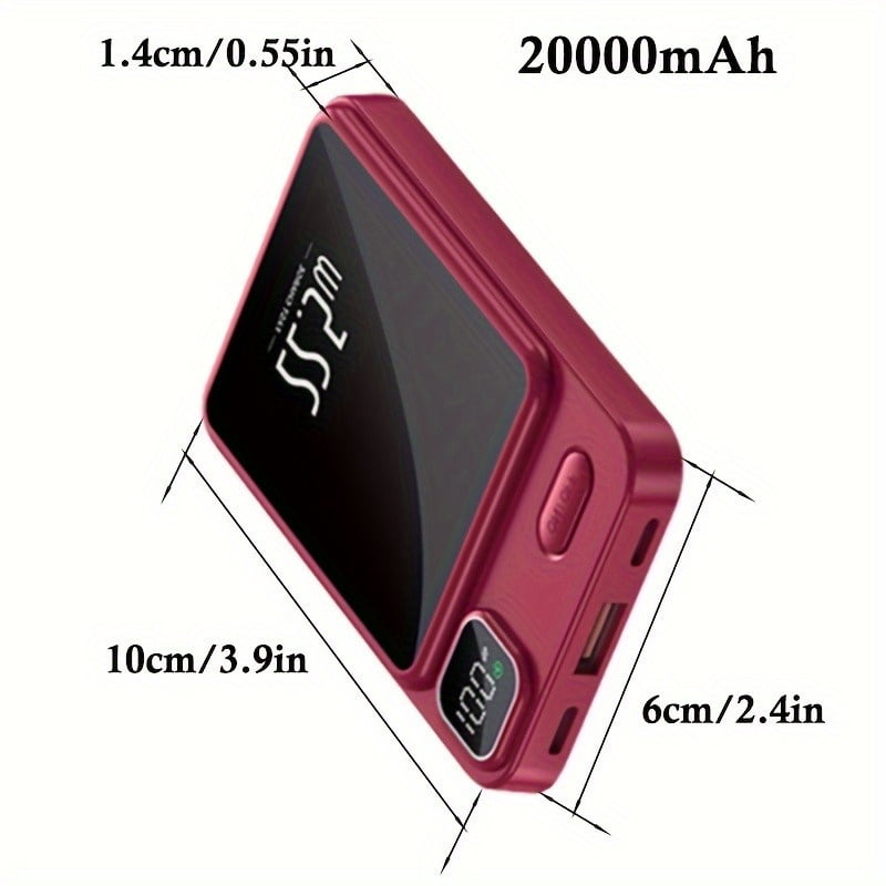 Magnetic Wireless Fast-Charge 20000mAh Power Bank with Stand, Ultra-Thin Compact Mirror Design, LED Display, Portable Emergency Backup Battery for Travel