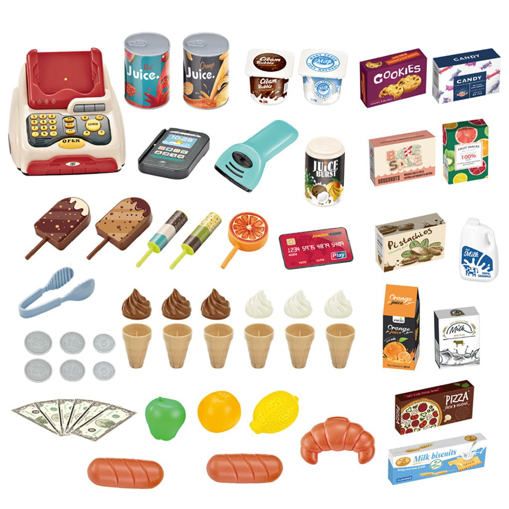 55 Pieces Ice Cream Shop Luxury Pretend Play Grocery Store Playset With Scanner 