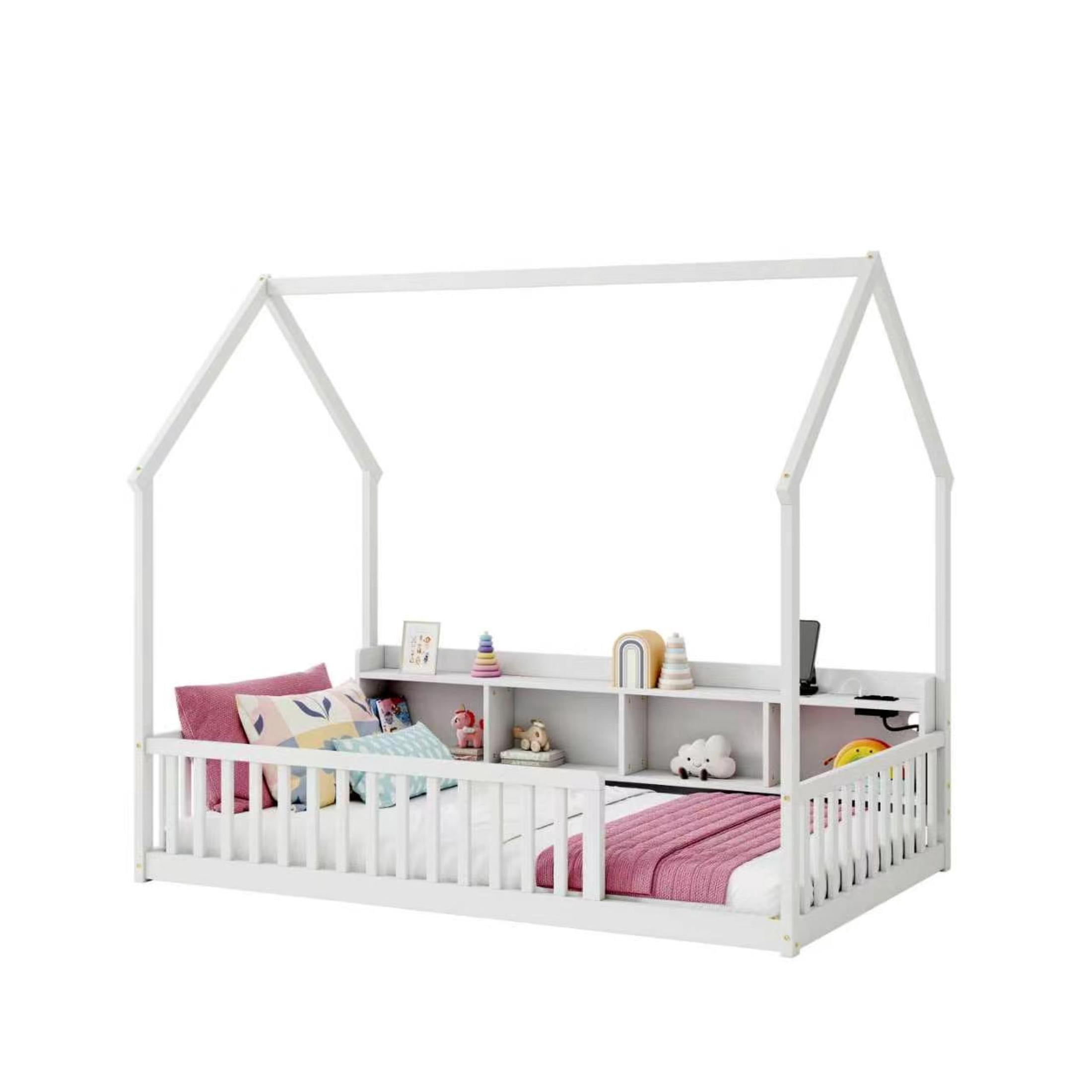 Noble House Norra Twin Size Pine Wooden House Floor Bed with Storage Shelves, LED Lights & Charging Station, White