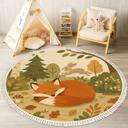 Washable Non Slip 4ft Round Rug Woodland Animals Nursery Forest Wildlife Watercolor Cottagecore Animal Circle Area Rugs with Tassels Carpet for Nursery Bedroom Living Room Playroom Tent Rug
