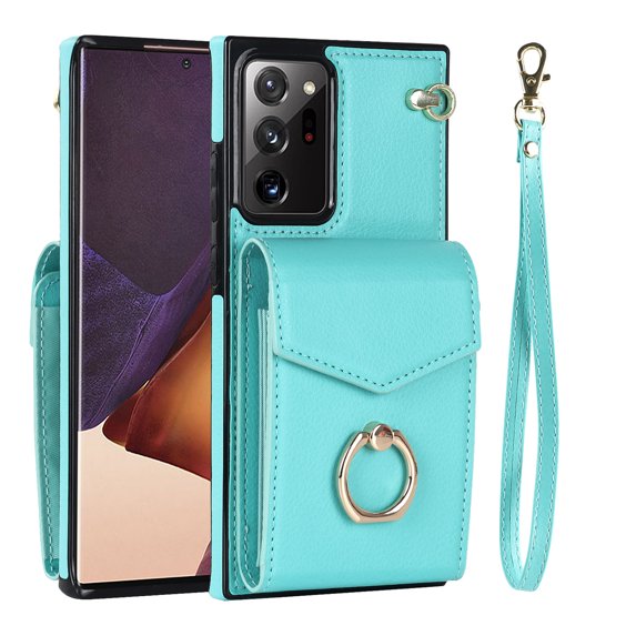 Wallet Case for Samsung Galaxy Note 20 Ultra, Back Card Slots/Bag Magnetic Button Ring Holder Stand Cover with RFID Blocking Wrist Hand Strap Luxury PU Leather Anti-Shocks Case,Mint