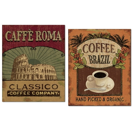 Vintage-Style Brazil Coffee and Cafe Roma Paper Signs by Daphne Brissonnet; Kitchen Decor; Two 11x14in Poster Prints (Prints are